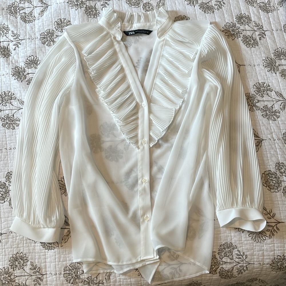 Zara sheer ruffle white blouse size XS - Picture 2 of 6